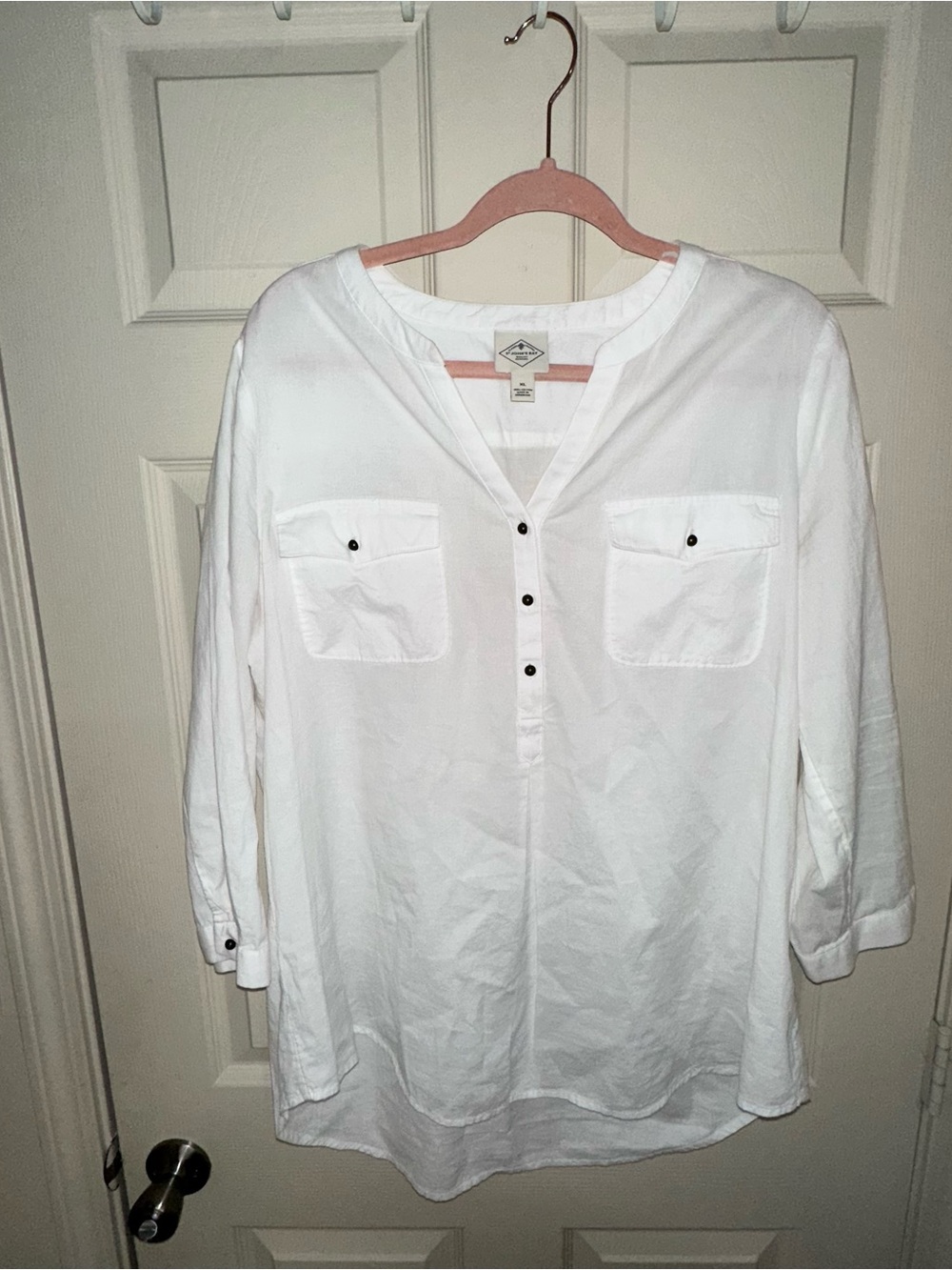 White  Woman’s Long-Sleeve Henley Shirt - Casual Pocket Front